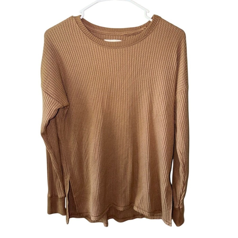 Abercrombie & Fitch Soft A&F Cozy Waffle Knit Long Sleeve Top Brown Tan Small